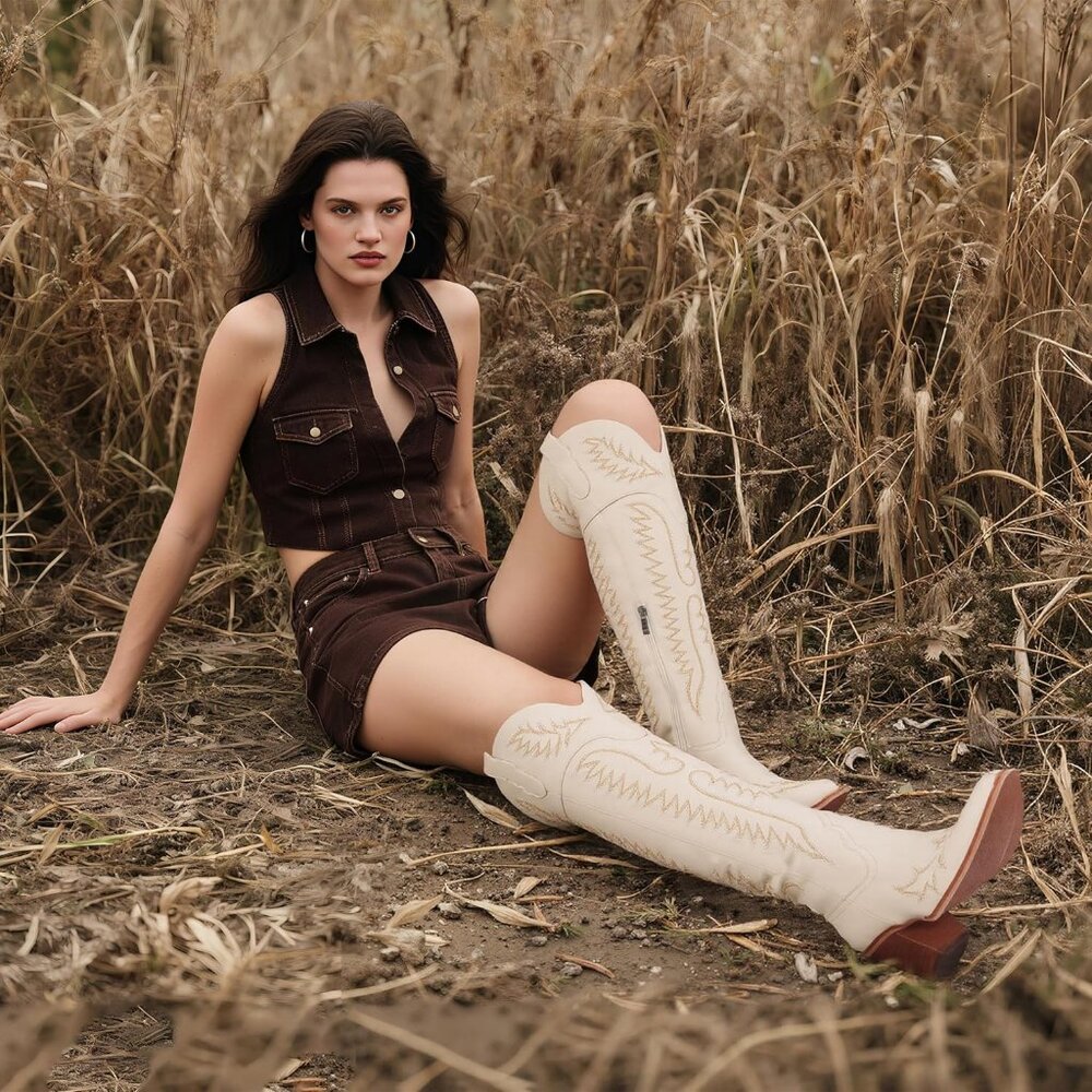 Women Over The Knee Western Boots Classic Embroidered Chunky Heel Slip On Beige - Picture 3 of 6